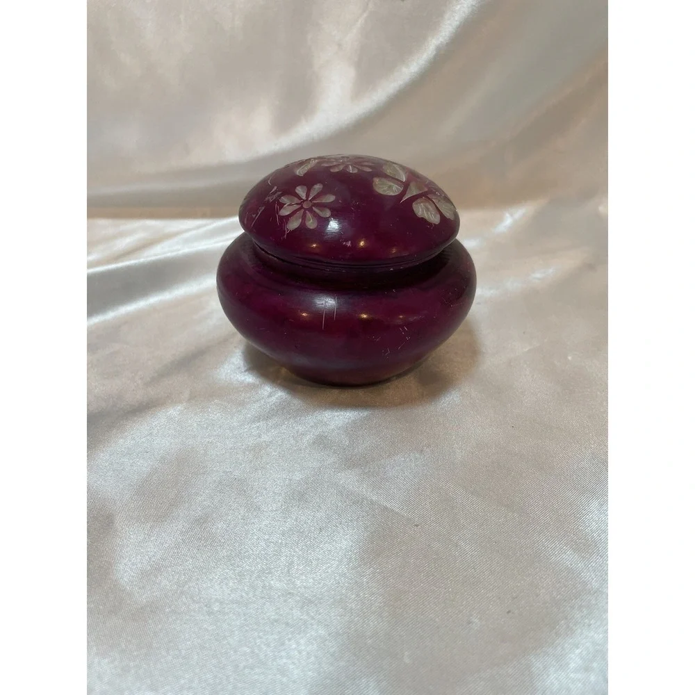 Hand Carved Purple Plum Trinket Box w/Flowers & Butterflies Soap Stone W/ Lid